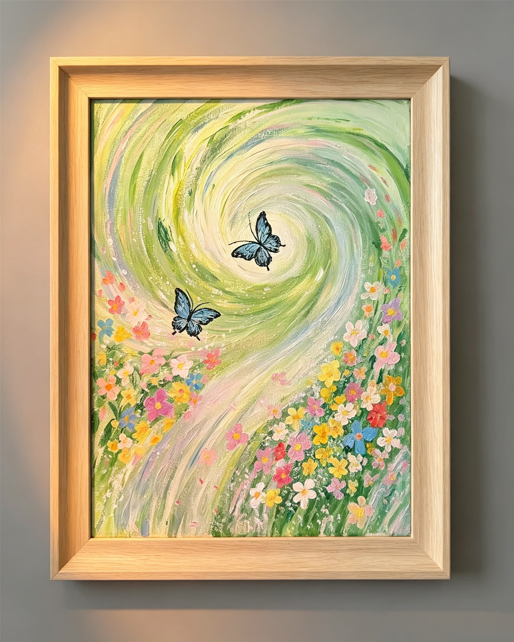 Acrylic painting framed with light oak wood frame, green swirl background, vibrant wildflowers and blue butterflies, wall decor close‑up shot