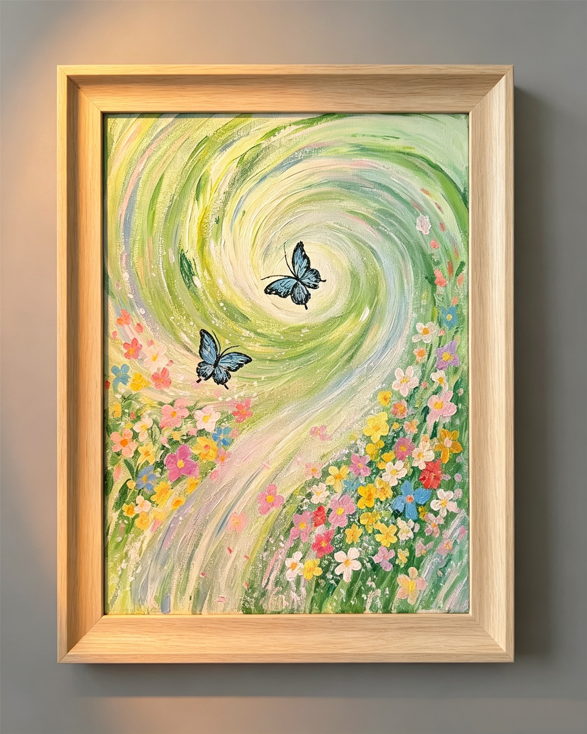Acrylic painting framed with light oak wood frame, green swirl background, vibrant wildflowers and blue butterflies, wall decor close‑up shot