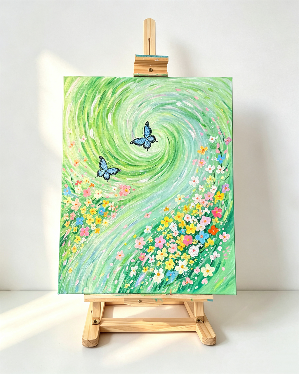 Hand‑painted acrylic canvas art with swirling green background, colorful wildflowers and two blue butterflies, unframed canvas displayed on wooden art easel