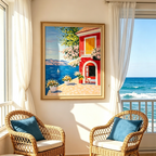 Vibrant Mediterranean seaside cottage painting displayed as colorful coastal wall art in a contemporary interior