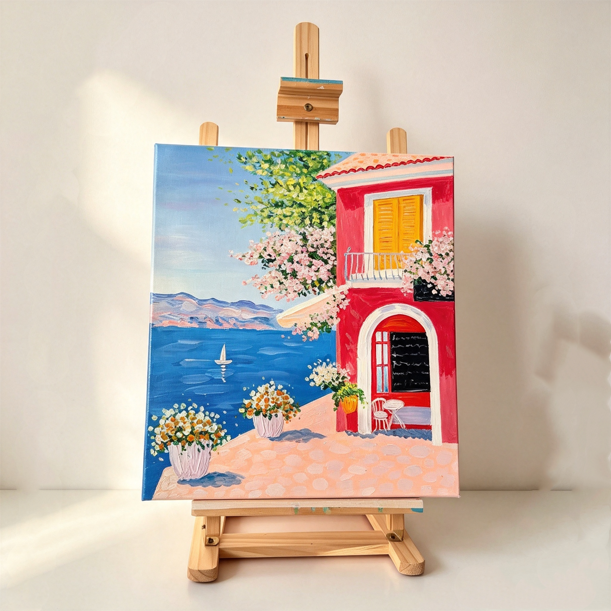 Vibrant Mediterranean seaside cottage hand-painted artwork with yellow shutters, bougainvillea flowers, blue sea and a sailing boat