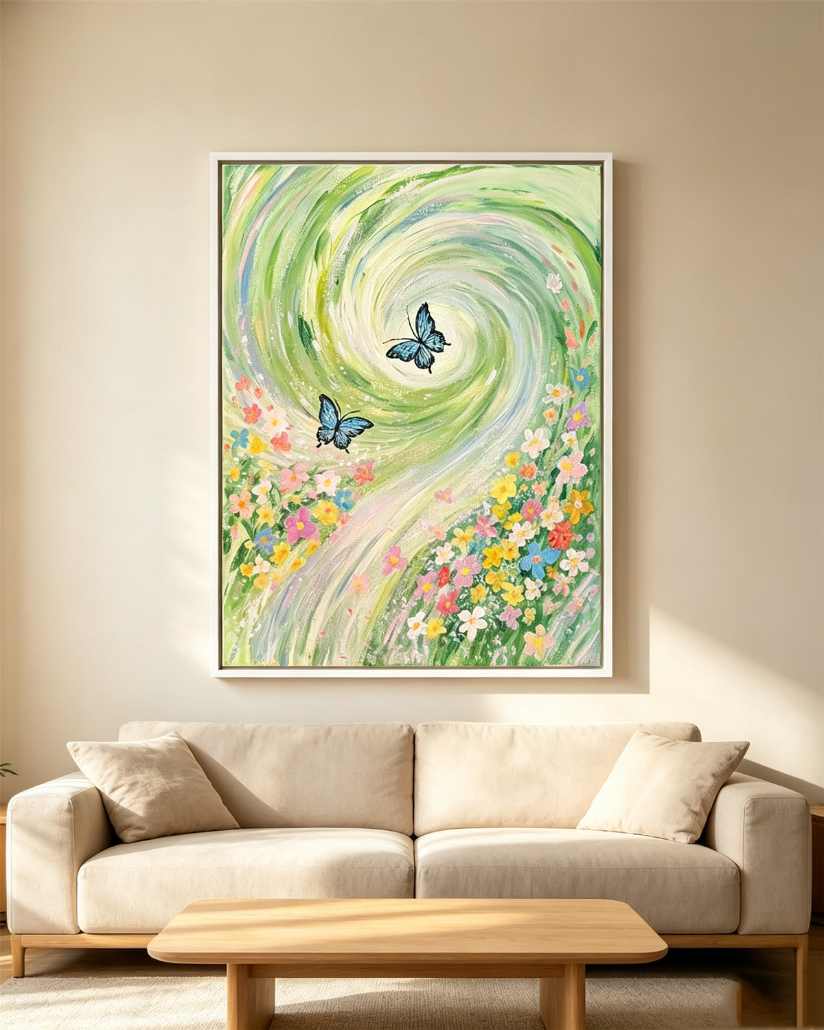 White framed wildflower butterfly art above beige sofa, living‑room home interior with wooden coffee table, neutral warm wall background