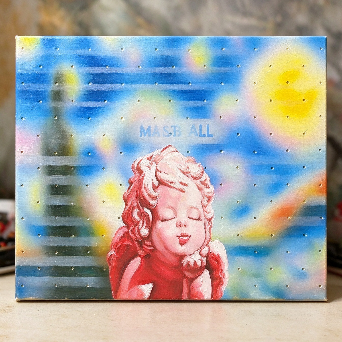 Hand painted pop art canvas wall art, cute pink cherub angel on blue sky background with dotted details, modern original artwork for home decor
