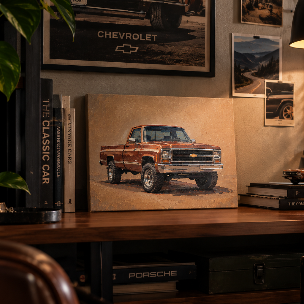 Custom car painting canvas options showing rolled canvas and stretched canvas ready to hang