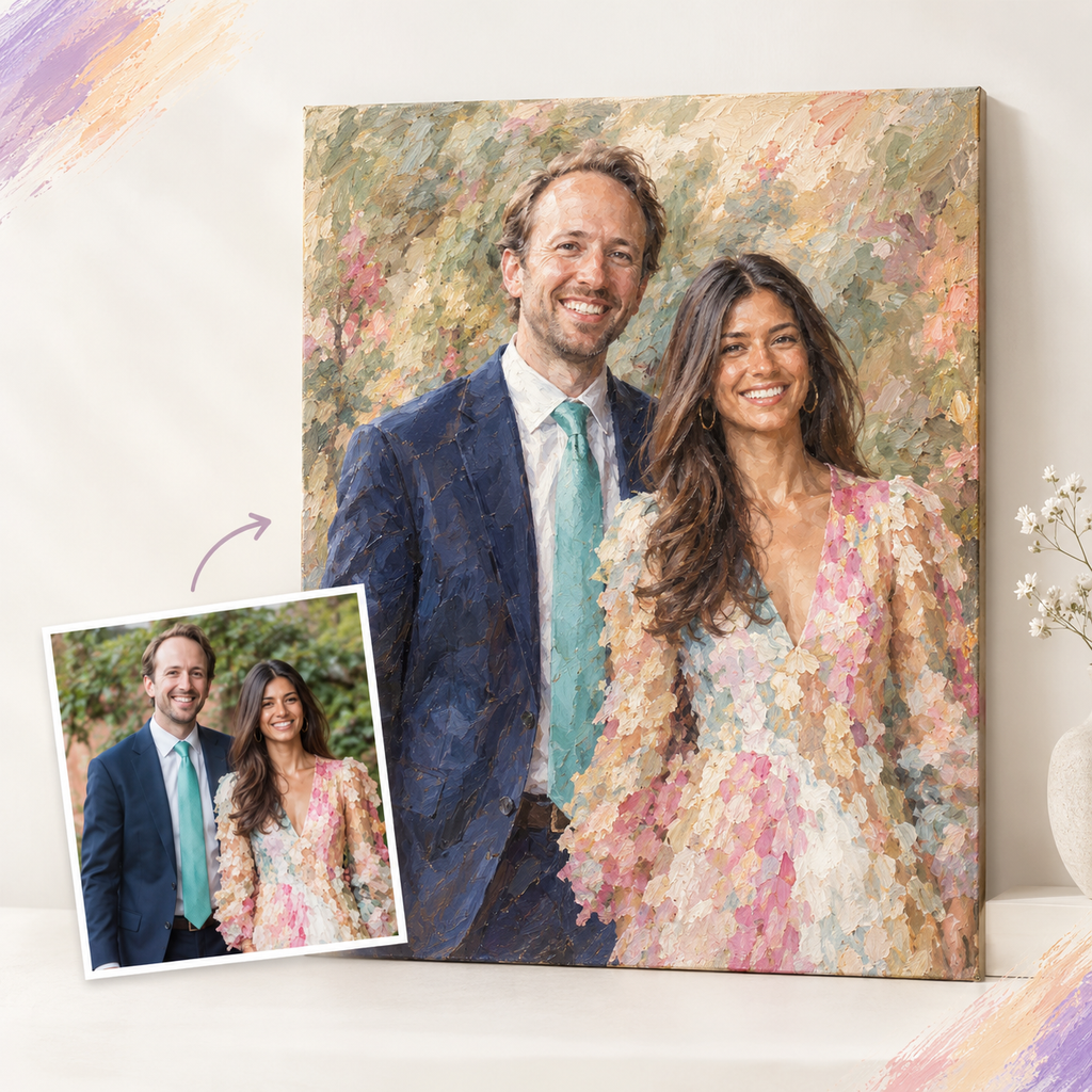 Custom couple portrait oil painting from photo showing a couple transformed into a hand-painted artwork