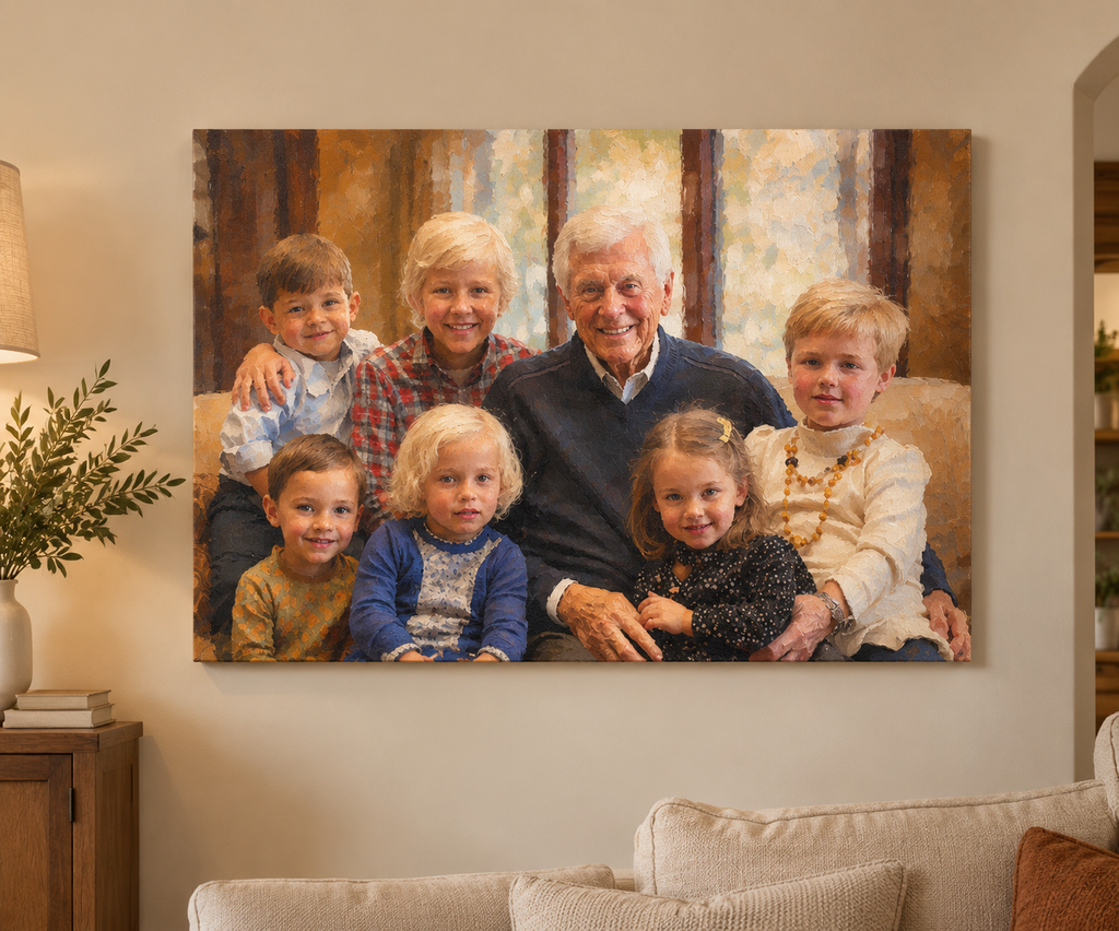 Hand painted custom family oil portrait displayed as canvas wall art in a home living room