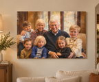 Hand painted custom family oil portrait displayed as canvas wall art in a home living room