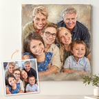 Custom family portrait oil painting created from a family photo, handmade personalized canvas artwork with before and after transformation