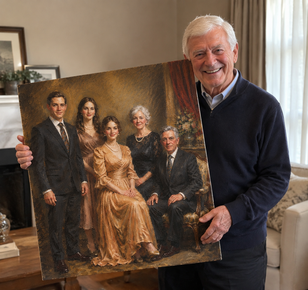 Custom group portrait oil painting made from a photo, handmade artwork preserving special memories