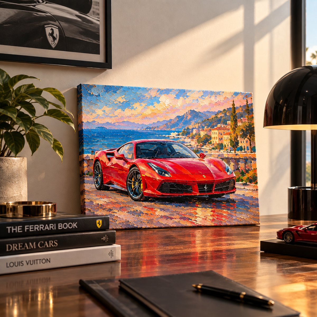 Hand-painted custom car oil painting with a scenic coastal background displayed in a stylish home