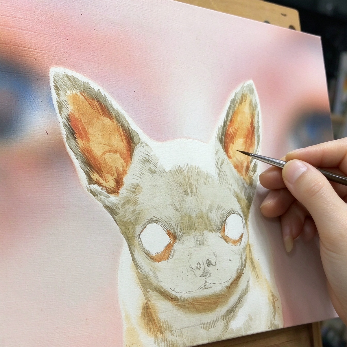 Close up detail of a handmade custom story portrait oil painting showing realistic brushwork and pet details