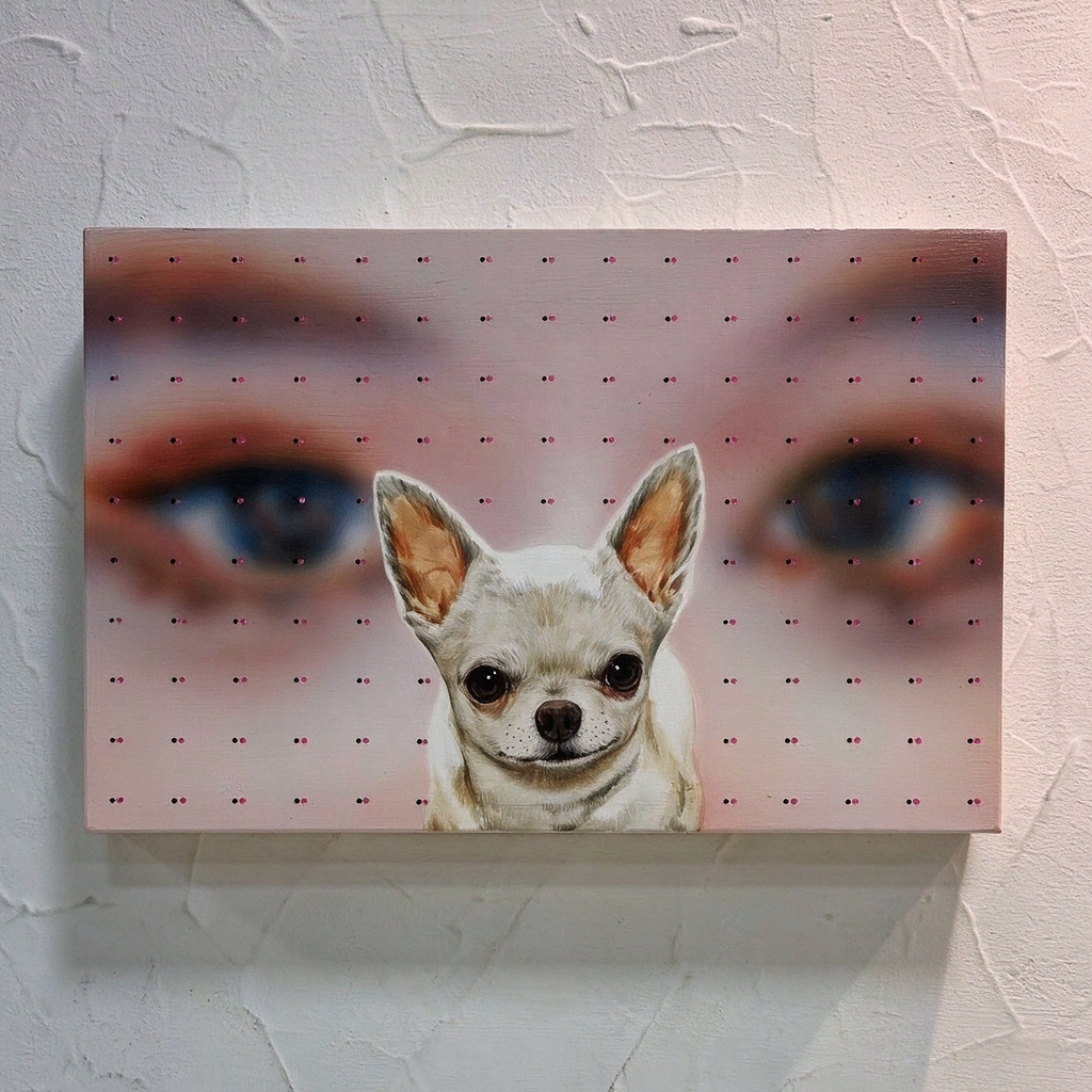 Handmade custom story portrait oil painting featuring a pet dog created from a personal photo