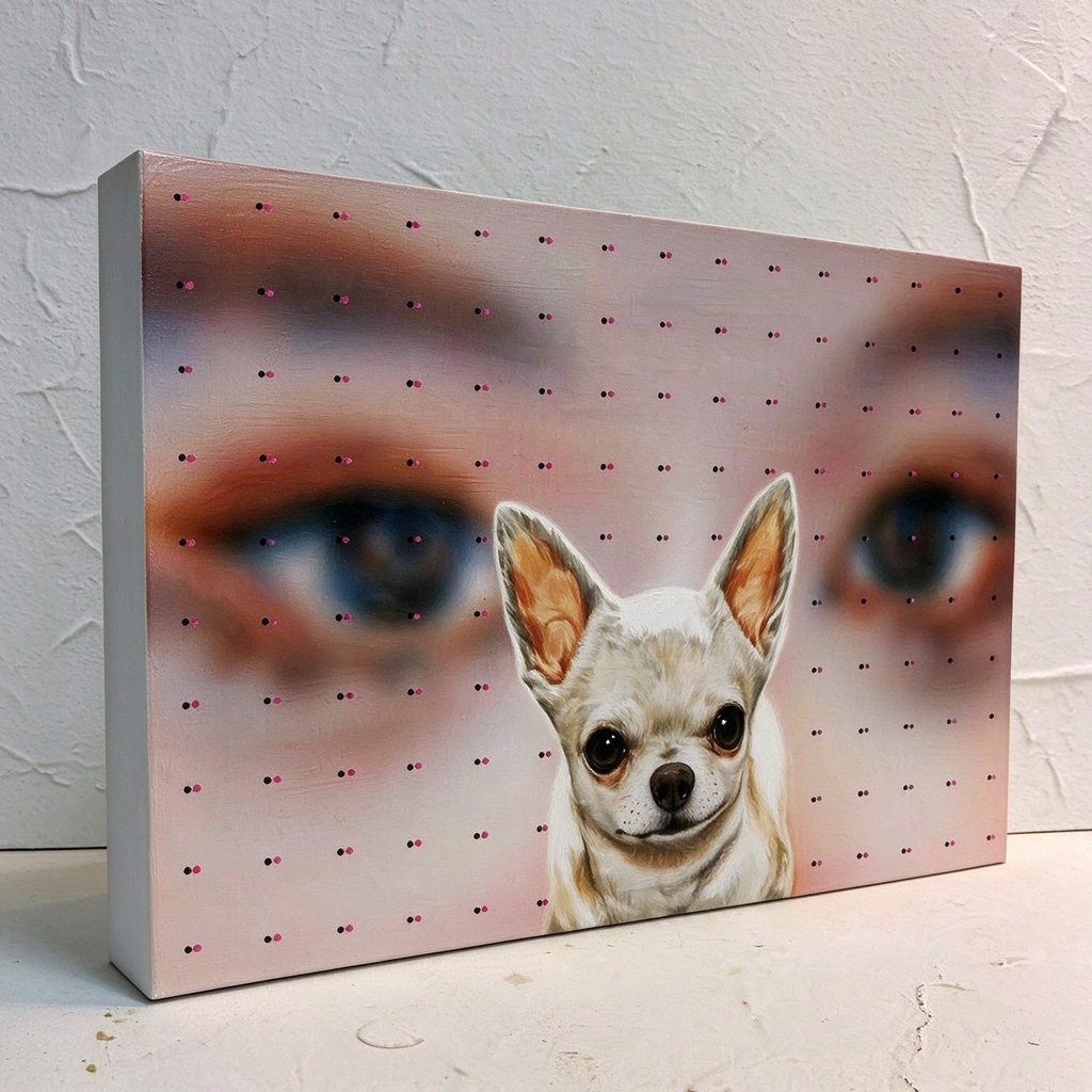 Finished custom story portrait oil painting displayed on a wall as personalized home artwork side