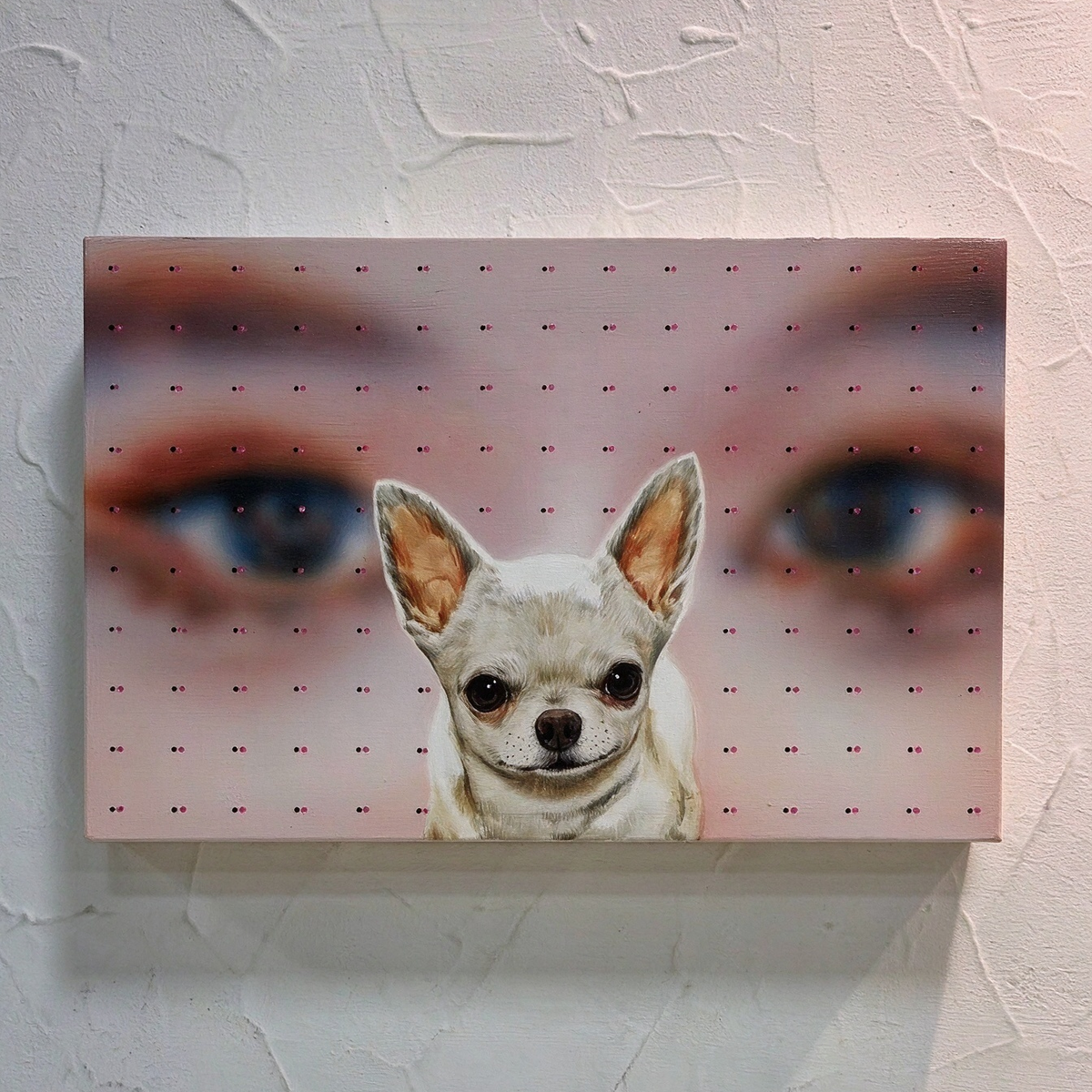 Finished custom story portrait oil painting displayed on a wall as personalized home artwork