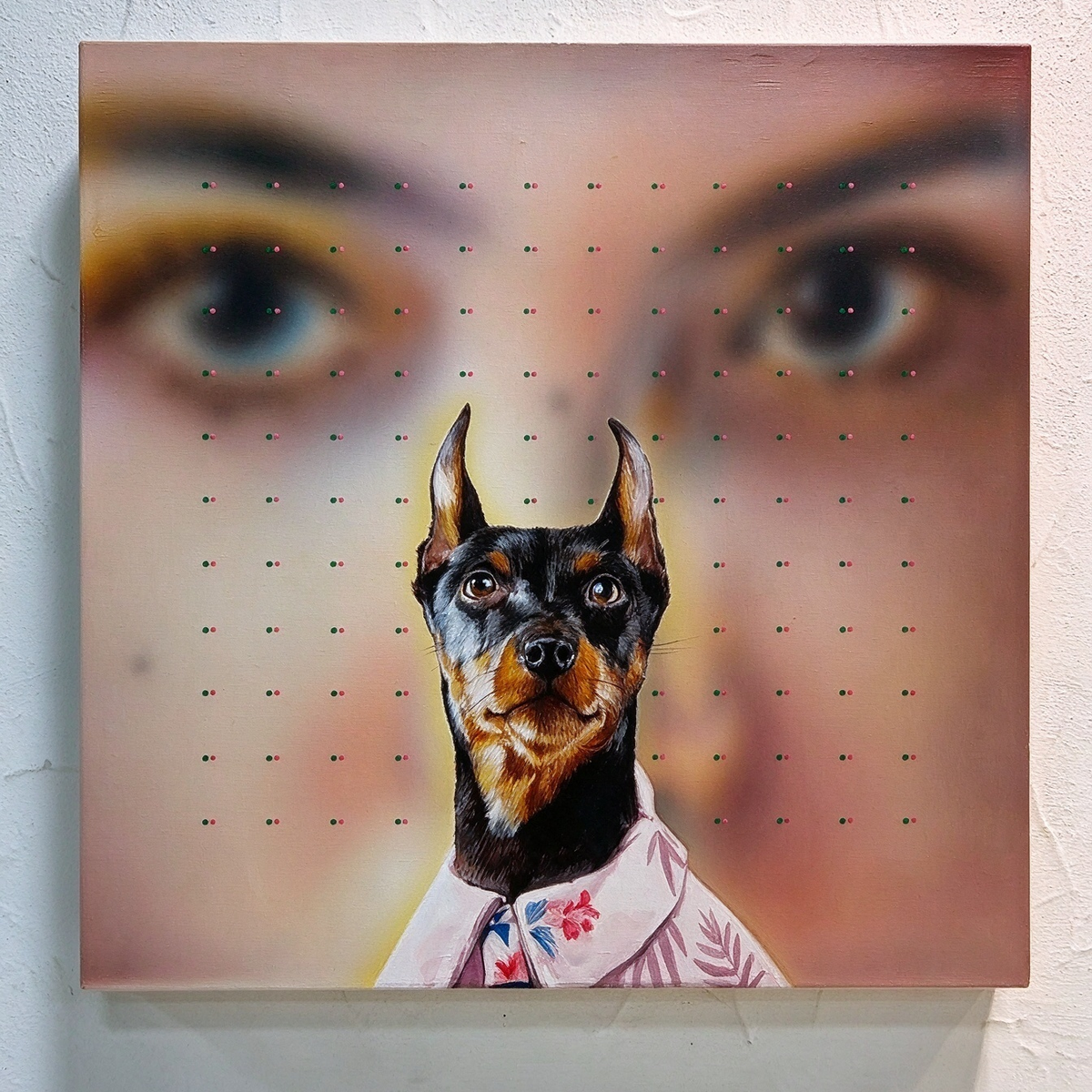 Original hand painted canvas art, anthropomorphic doberman dog portrait wearing shirt and tie, blurred human eyes background with dot pattern, quirky pet wall decor