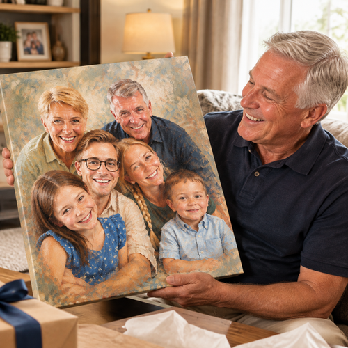 Family photo transformed into a handmade oil painting displayed on a wall, a meaningful personalized gift for grandparents and family