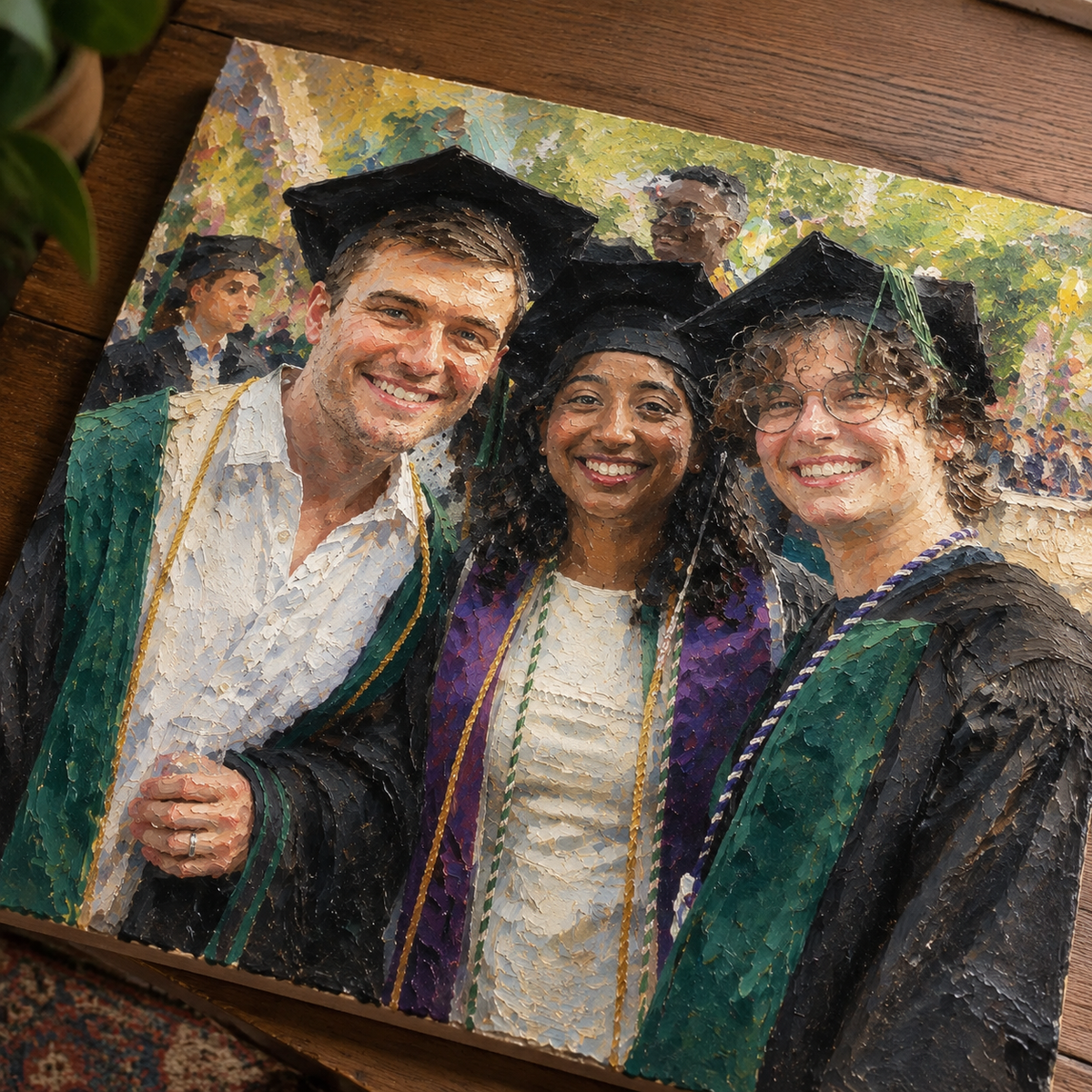 Personalized group family portrait oil painting created from a photo with realistic handmade brush texture