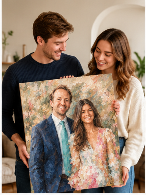 Couple holding a personalized oil painting portrait made from their photo