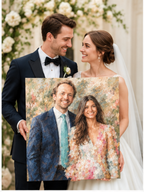 Newlywed couple holding a custom wedding oil painting created from their photo on canvas