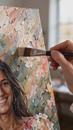 Hand-painted custom couple portrait oil painting creation process showing an artist transforming a romantic couple photo into a personalized anniversary gift artwork.