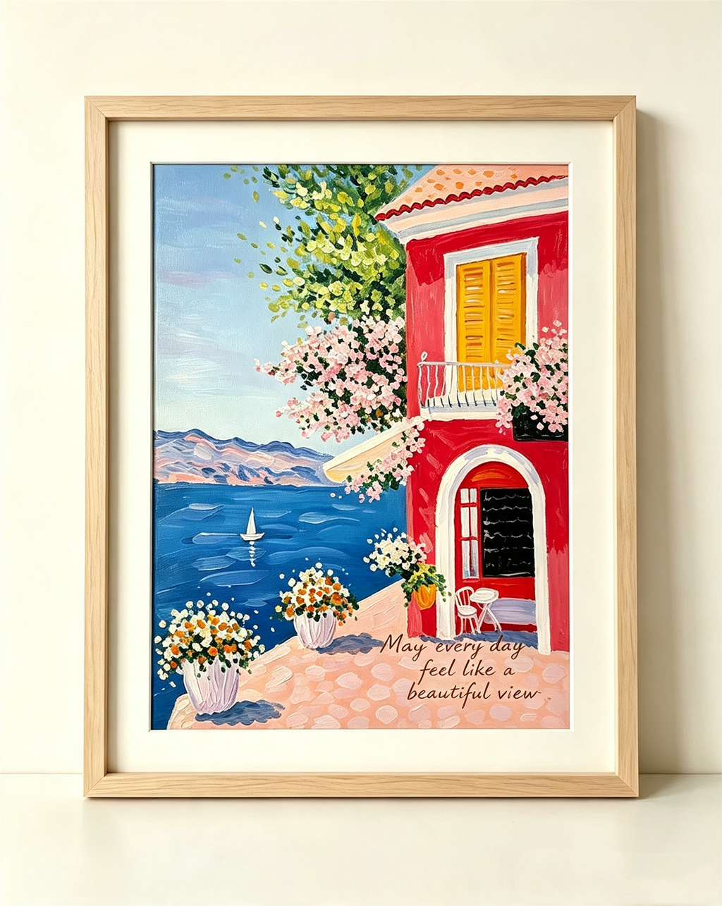 Close-up of a hand-painted Mediterranean coastal artwork featuring vibrant colors, bougainvillea flowers and expressive brushwork