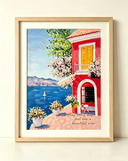 Close-up of a hand-painted Mediterranean coastal artwork featuring vibrant colors, bougainvillea flowers and expressive brushwork